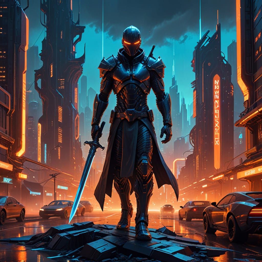 Cyberpunk Warrior Wields Futuristic Vibrosword in Neon City