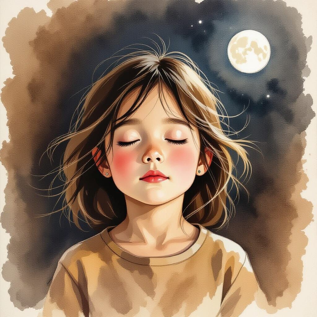 Dreaming Girl Portrait in Coffee and Ink Style