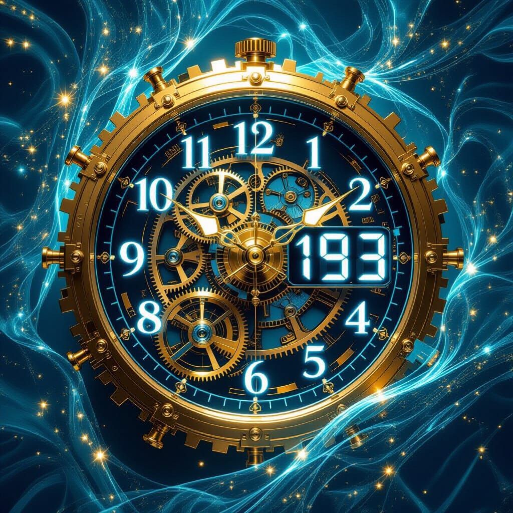 Futuristic Clock Blending Brass Gears and Holographic Time