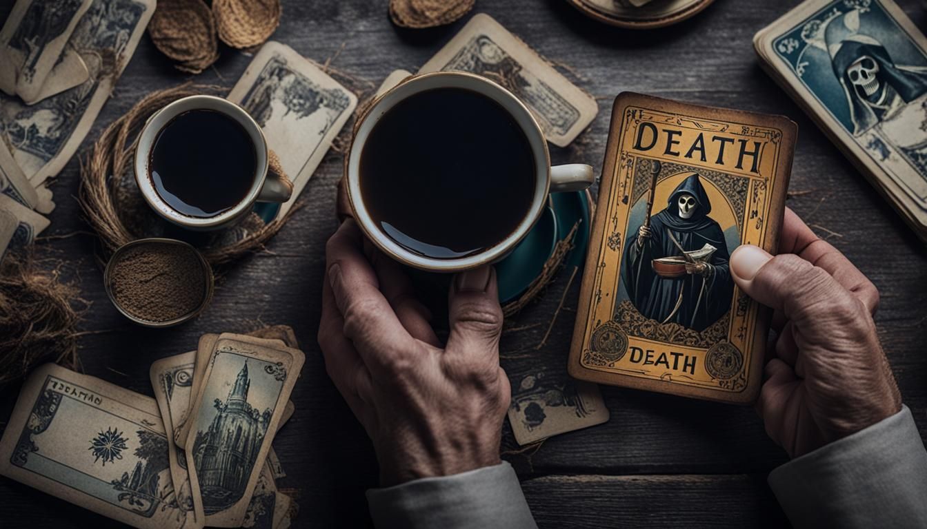 Vintage Tarot Card Featuring Grim Reaper on Rustic Table