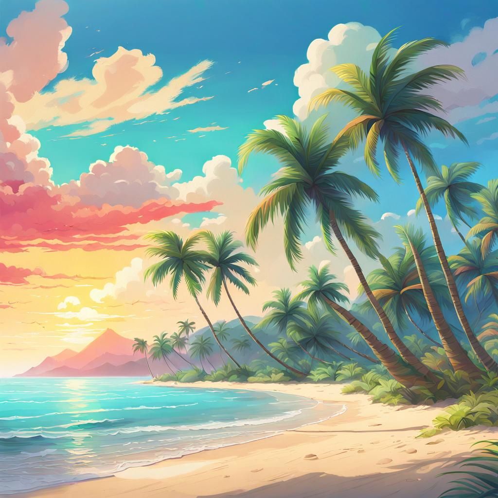 Tropical Beach Fantasy Art: Palm Trees and Ocean