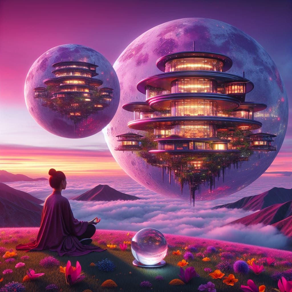 Surreal Futuristic Cityscape Under a Vibrant Double Sunset