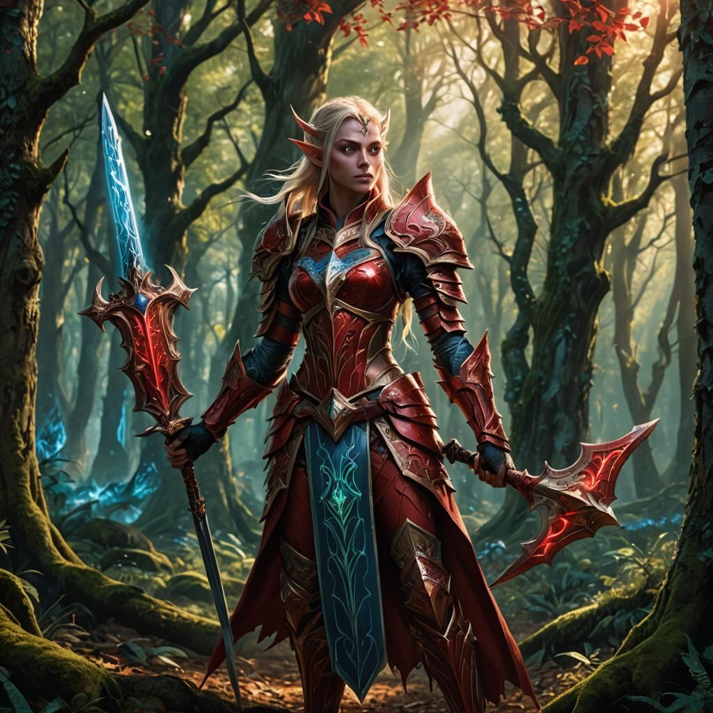 Blood Elf Paladin in Glowing Forest, Fantasy Art