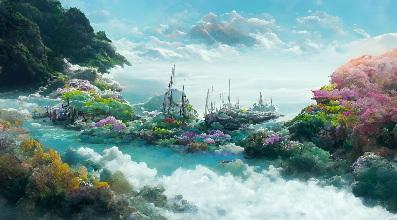 Anime Seascape with Sailing Ships: Digital Illustration