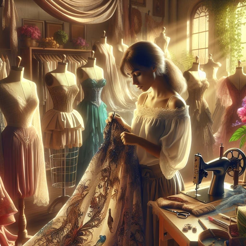 Dressmaker Immersed in Creation: A Digital Painting