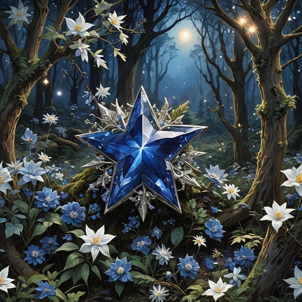 Giant Sapphire Star with Silver Accents as 3D Anime Art