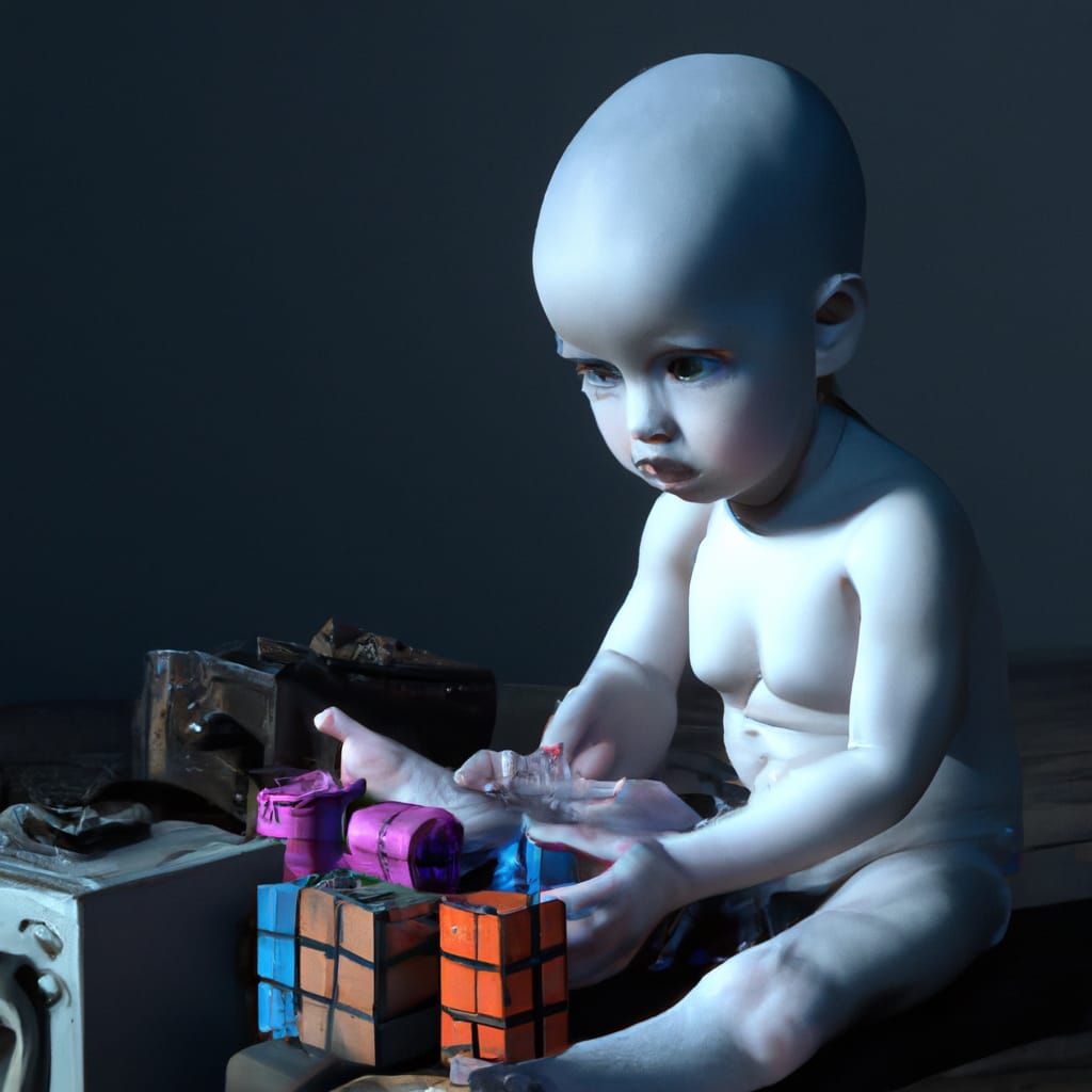 Cyborg Baby with Blocks: Hyperrealistic Dark Art