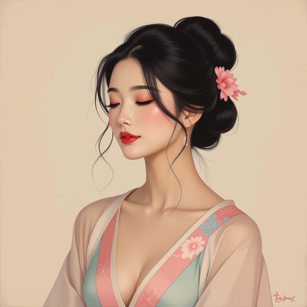 Contemplative Asian Woman in Oil Painting Style