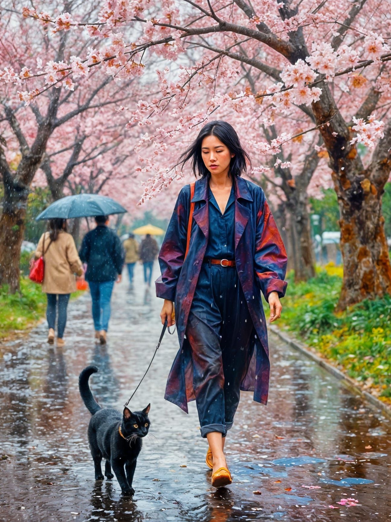 Impasto Oil Painting of Woman and Cat in Sakura Rain