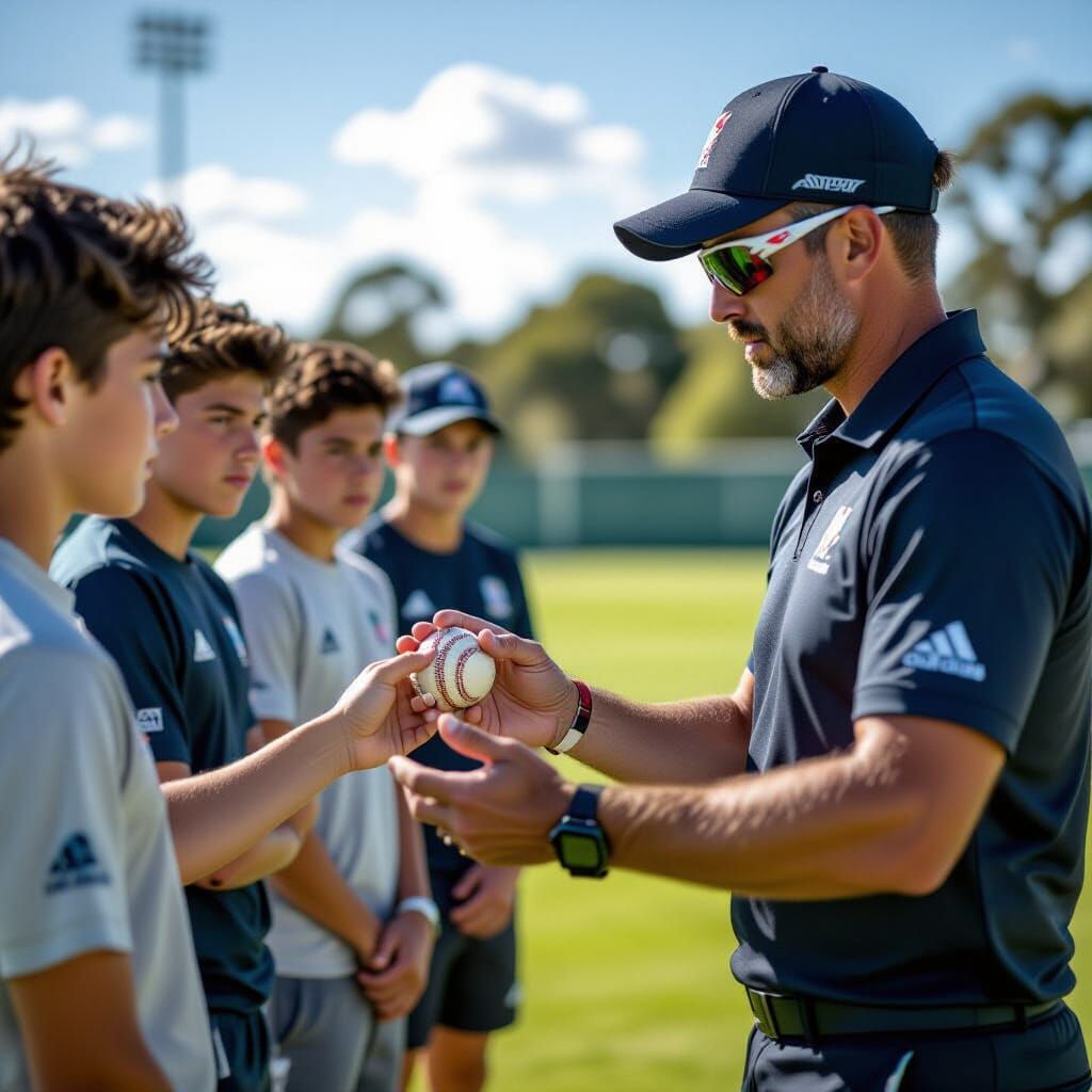 Cricket Coach Demonstrates Gripping Technique in Academy