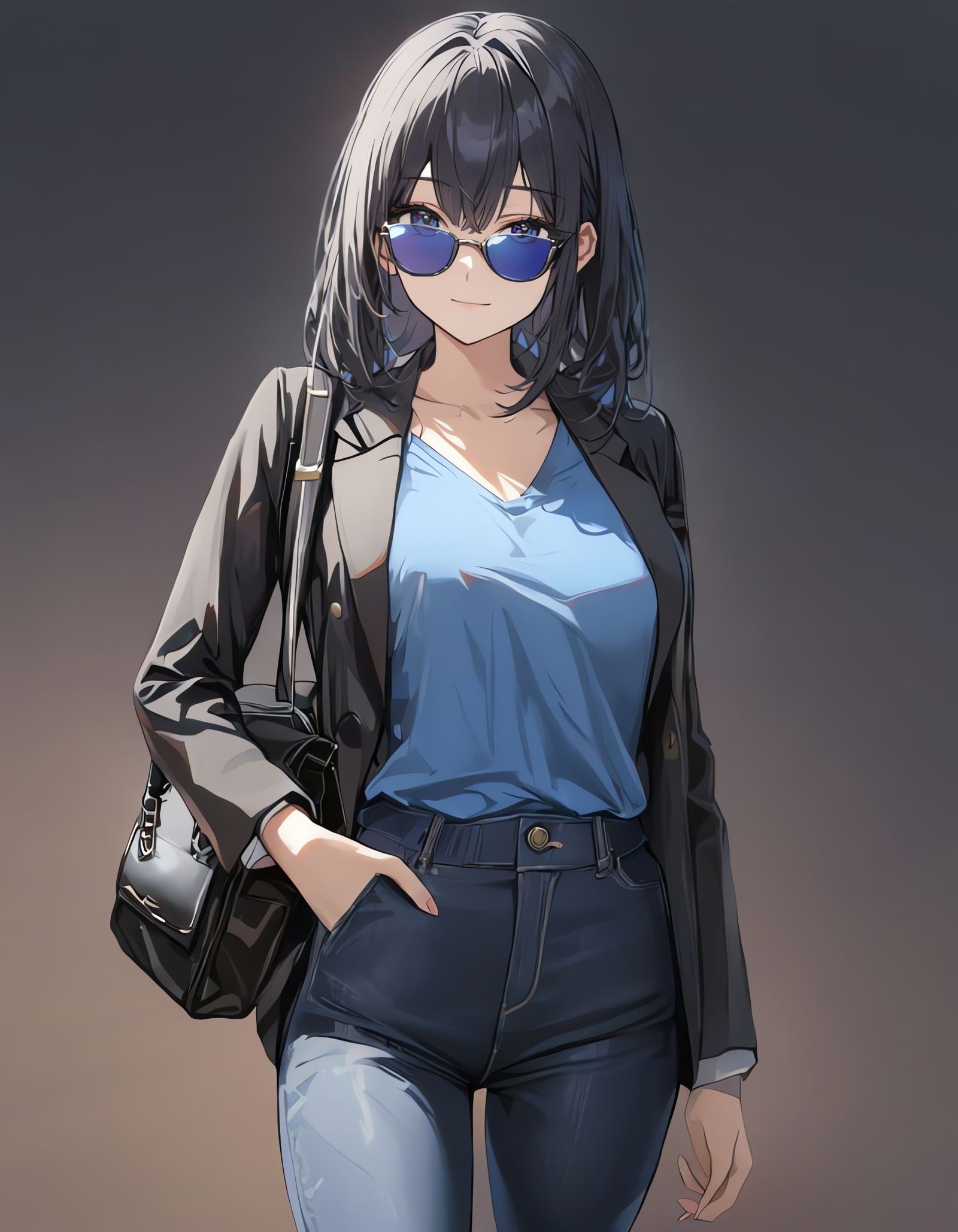 Girl with Sunglasses and Black Blazer on White