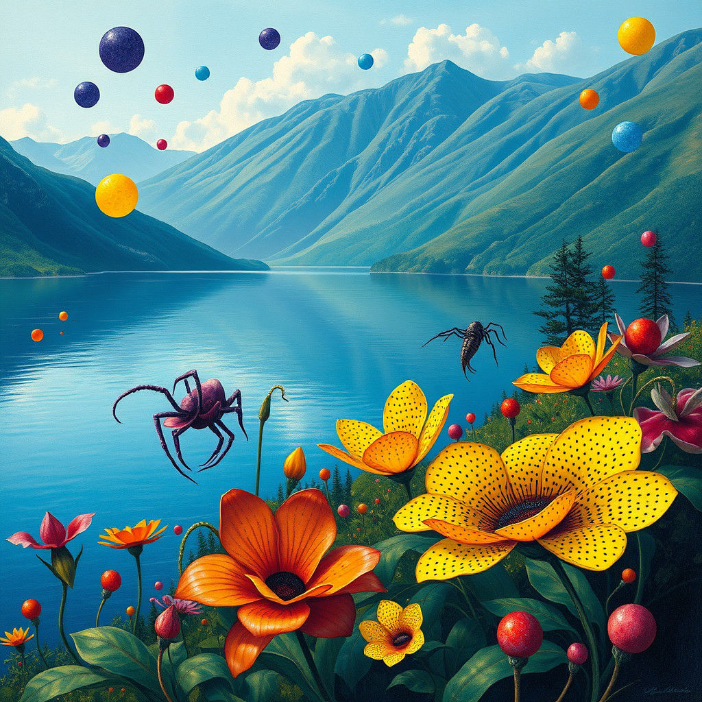 Surreal Mountain Lake Scene in Abstract Style