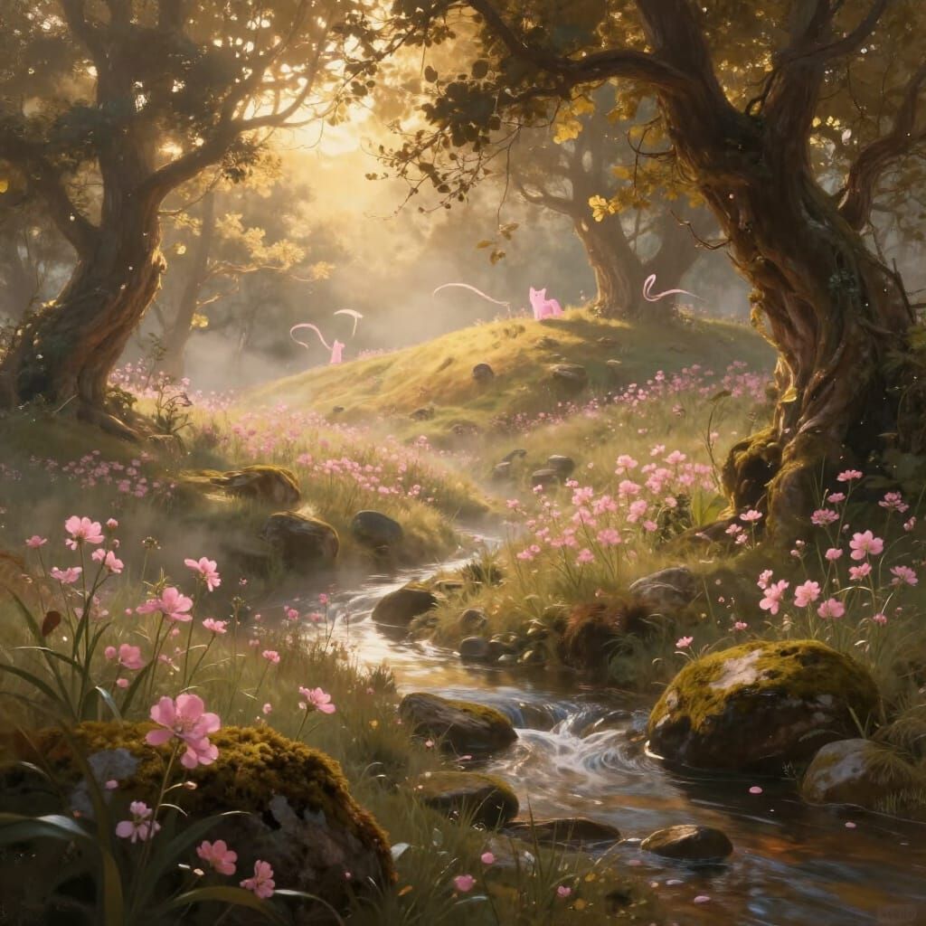 Magical Landscape in Golden Light with Pink Flowers