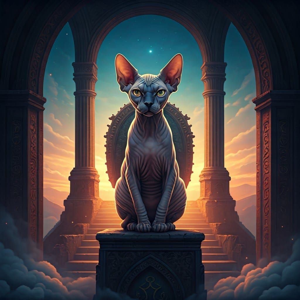 Mystical Sphynx Cat on Ancient Throne