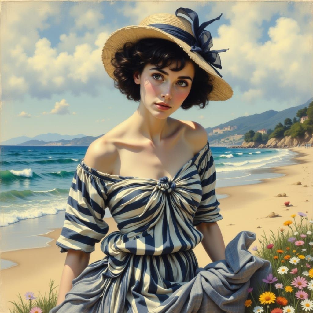 Melancholic Woman by the Sea in Hugo Pratt Style