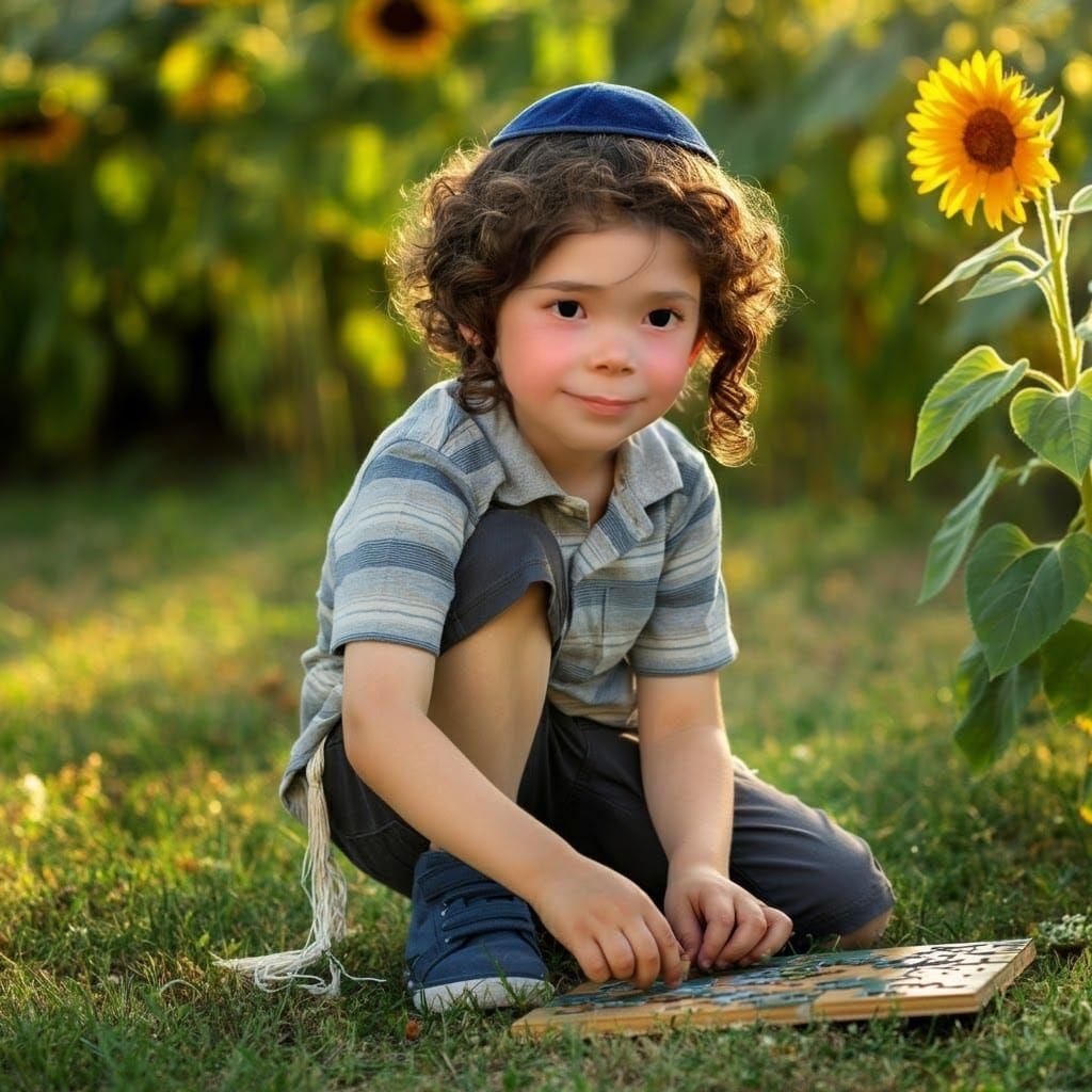 Cute Jewish Boy Plays Puzzle: Hyperrealistic Digital Art