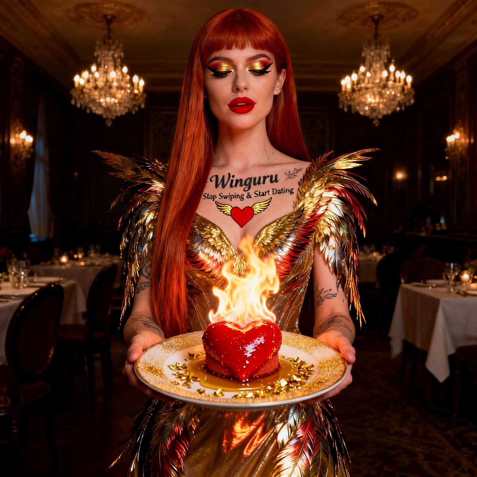 Glamorous Woman in Golden Feather Gown with Flaming Soufflé