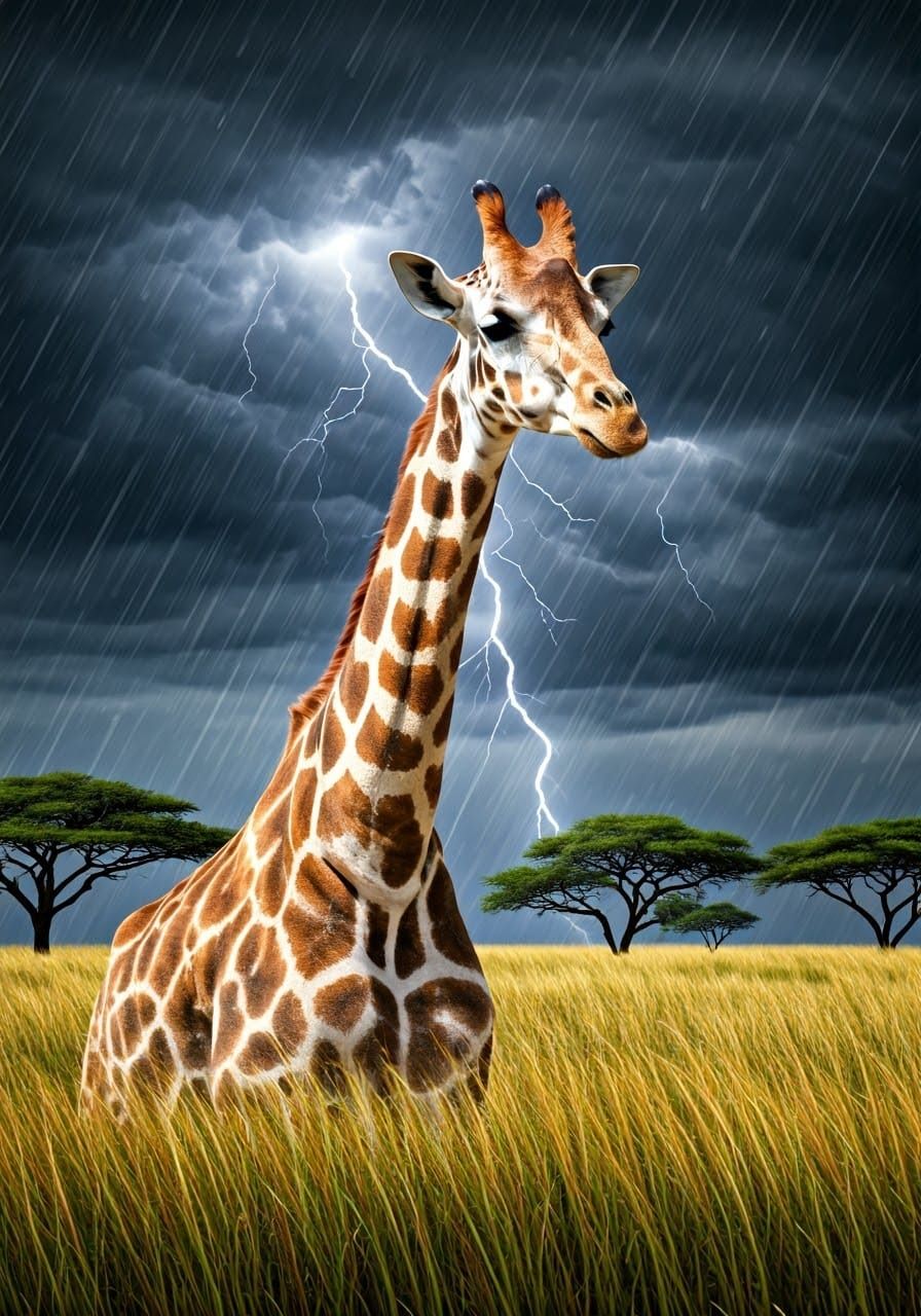 Majestic Giraffe in Stormy African Savanna Landscape
