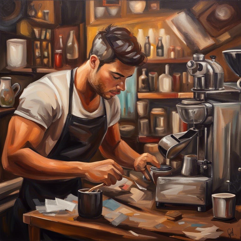 Hardworking Barista in Coffee Shop, Oil Painting
