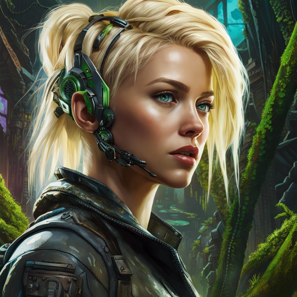 Cybernetic Blonde in Mossy Living Space: Hyperrealistic Port...