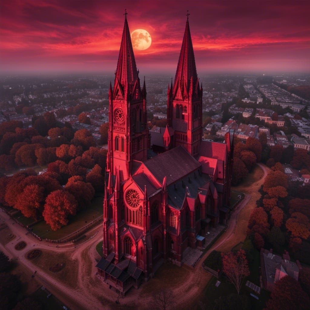 Spooky Gothic Churches Under Red Sundown Sky