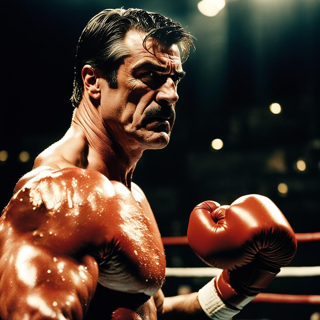 Intense Boxing Arena Film Still with Muscular Boxer
