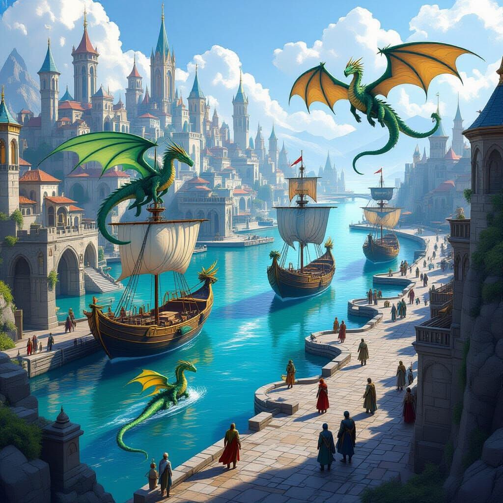 Majestic Dragon Harbor City in Digital Art Style