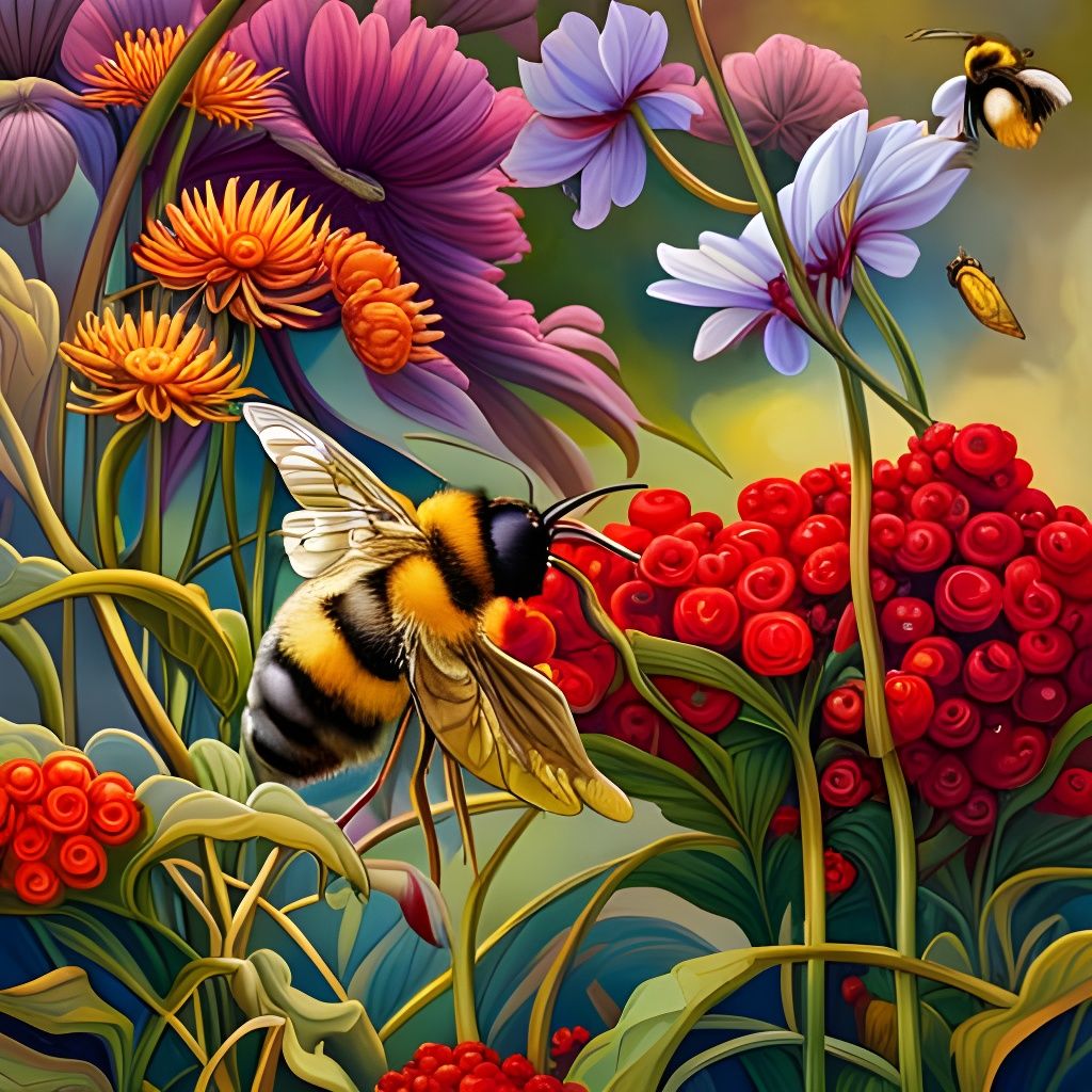Bumble Bees on Flowers: Art Nouveau Garden Scene