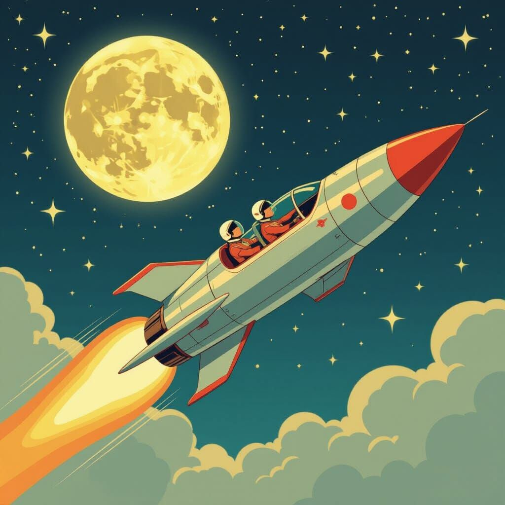 Retro Rocket Soaring to the Moon in Ligne Claire Style