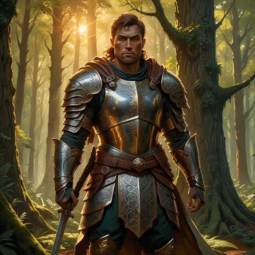 Epic Warrior Concept Art in Forest Clearing