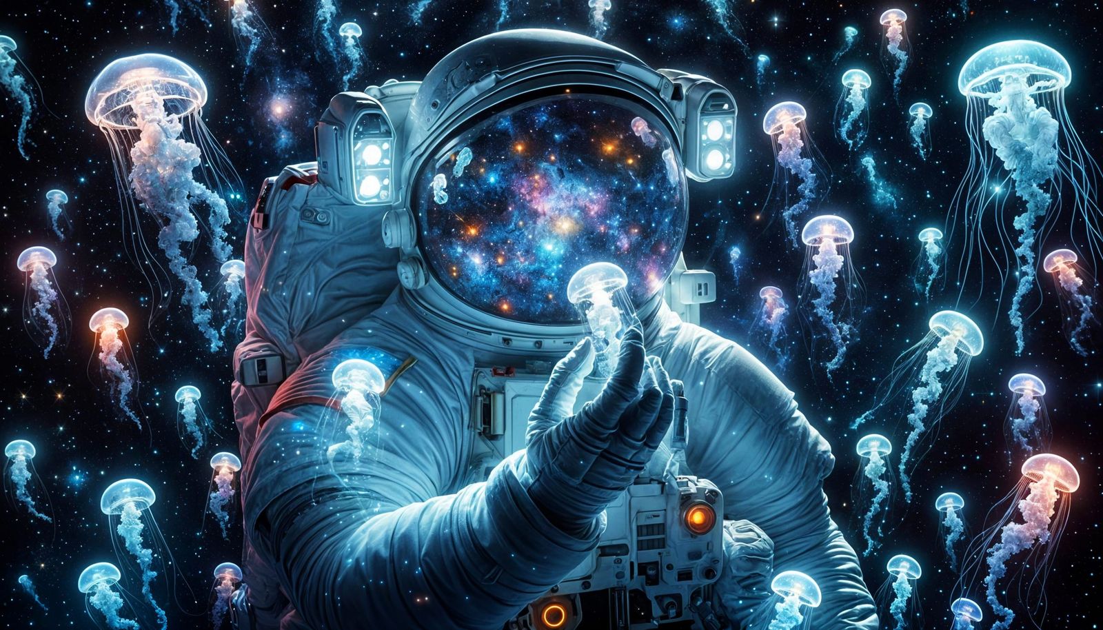 Astronaut Amidst Radiant Jellyfish in Cosmic Aquarium