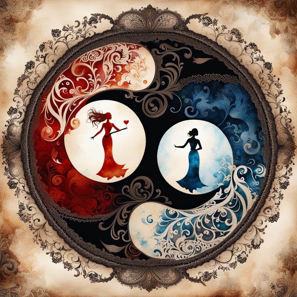 Yin-Yang Women: A Watercolor Lace Art Masterpiece