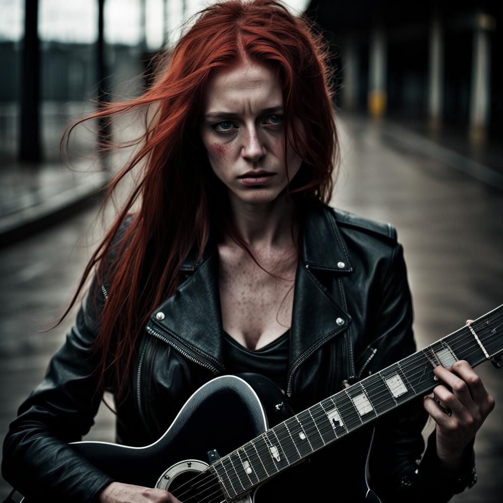 Sad Girl Rockstar Portrait with Guitar