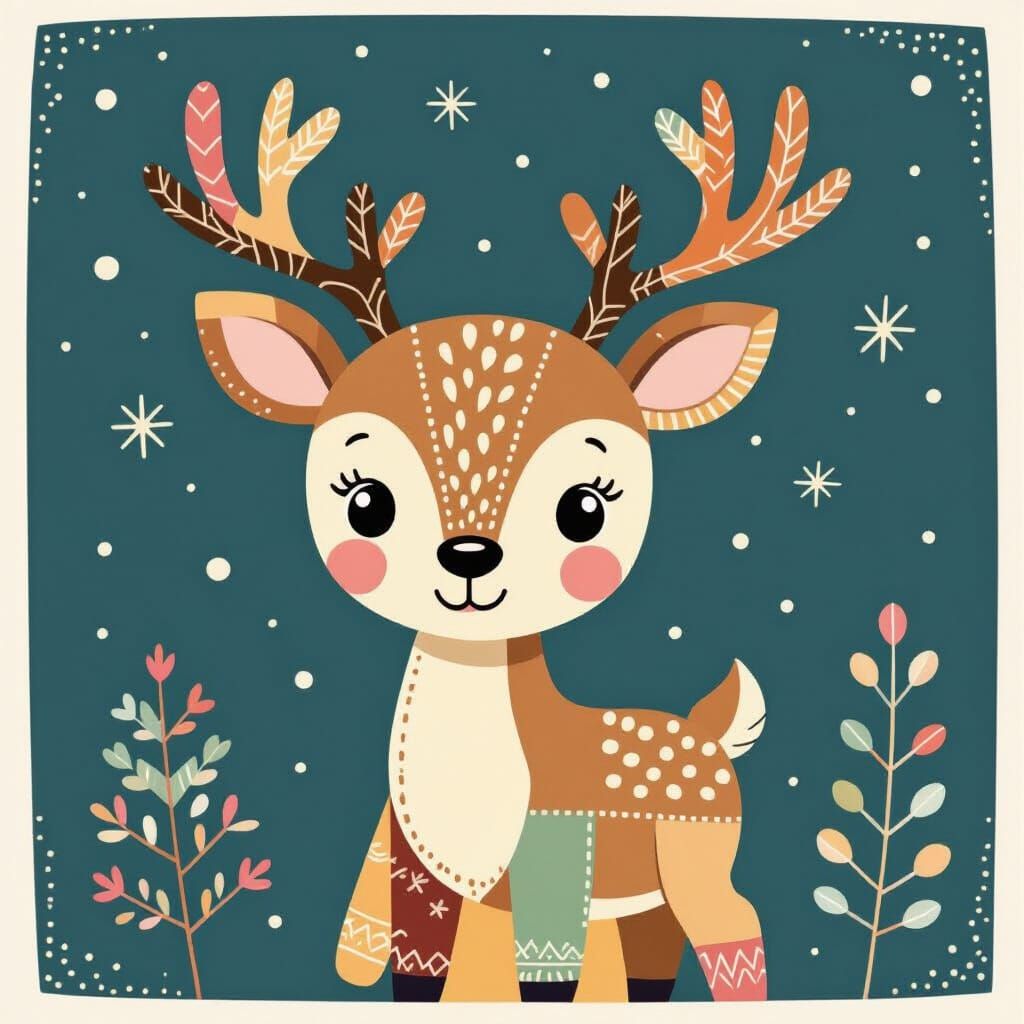 Cute Patchwork Reindeer Illustration in Folk Art Style