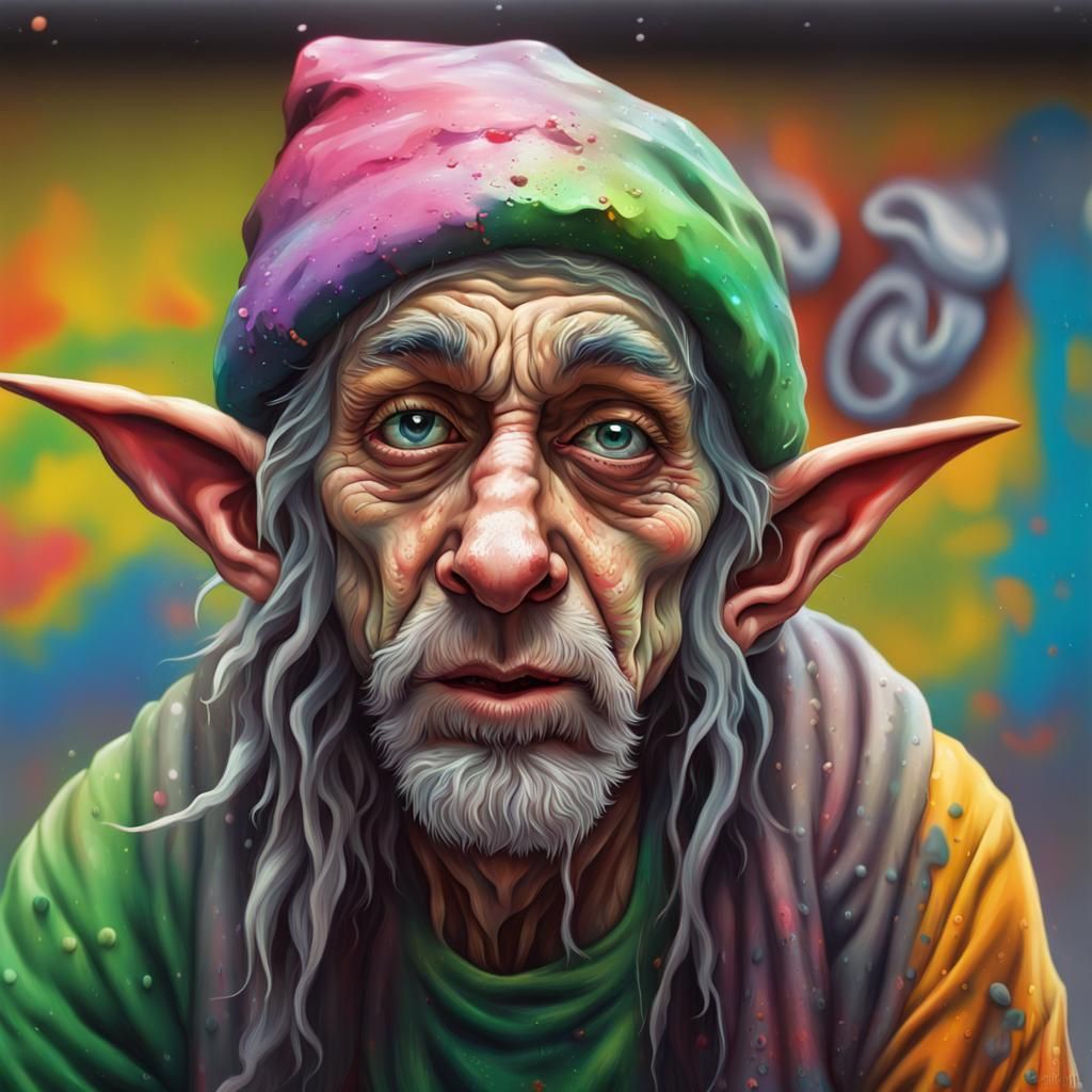Homeless Goofy Elf in Colorful Graffiti Art