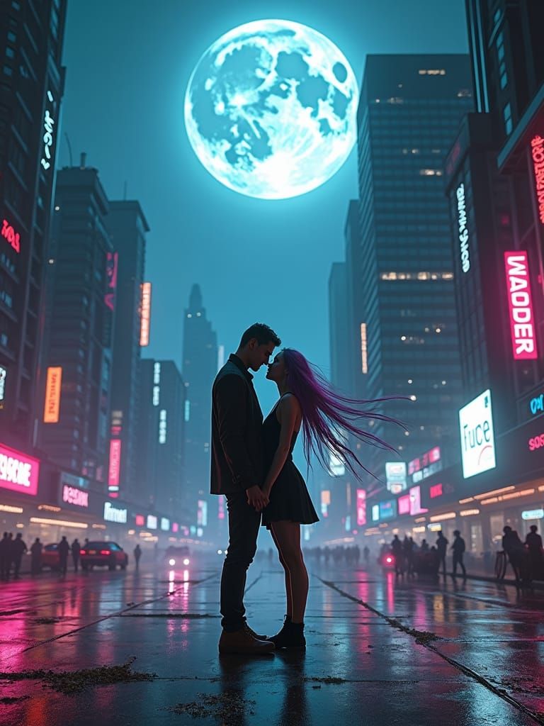 Lucy and David: Cyberpunk Edgerunners in Neon Cityscape