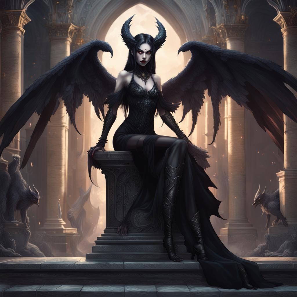 there is a woman in a black outfit sitting on a pillar, beautiful demon, human female demon, by Yang J,  medieval, beaut...