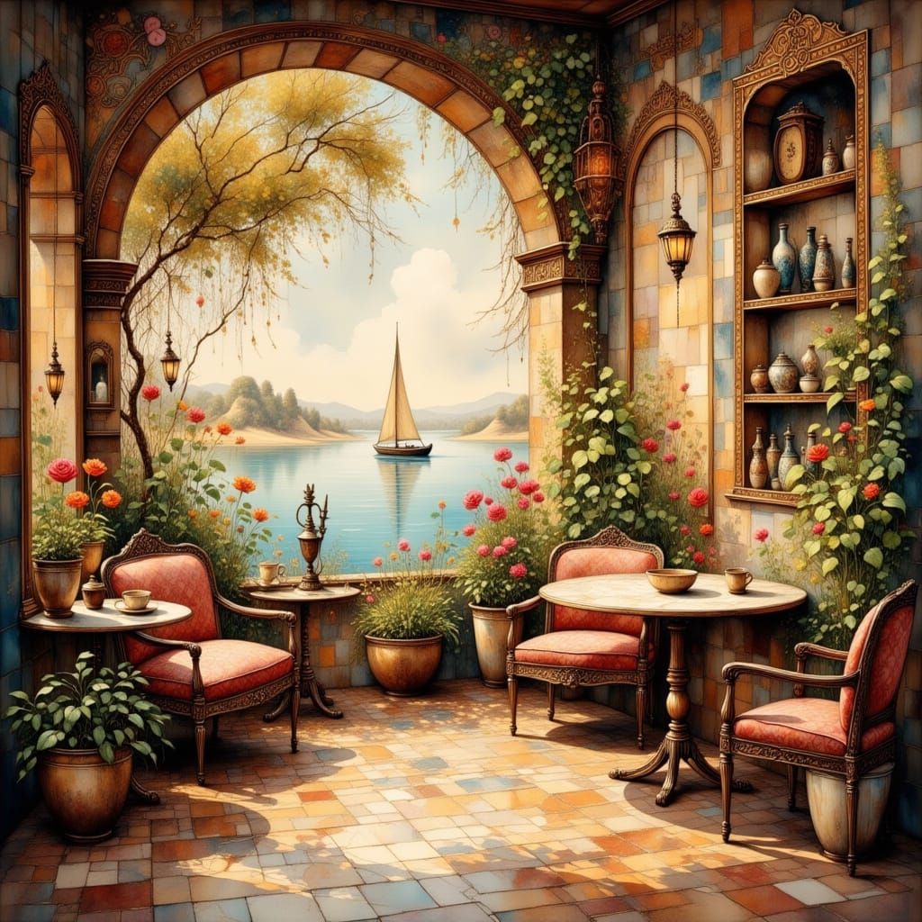 Whimsical Watercolor Coffeehouse Along The River Nile