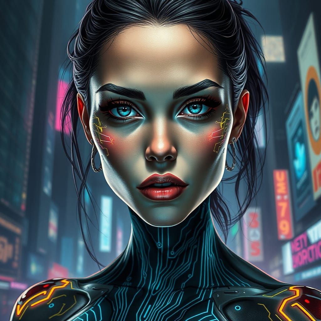 Cyberpunk Woman with Neon Circuitry Portrait
