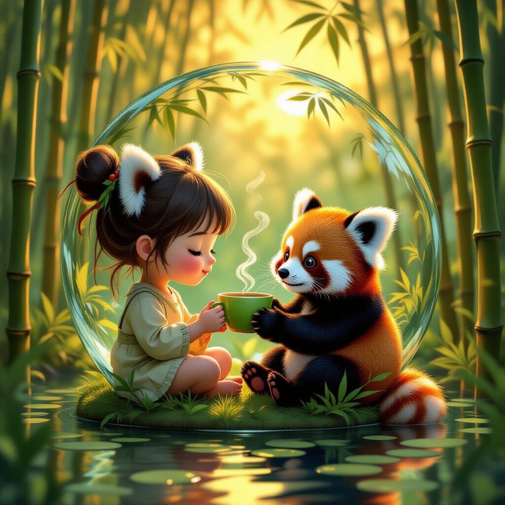 Girl and Red Panda Share Tea in Surreal Bamboo Jungle