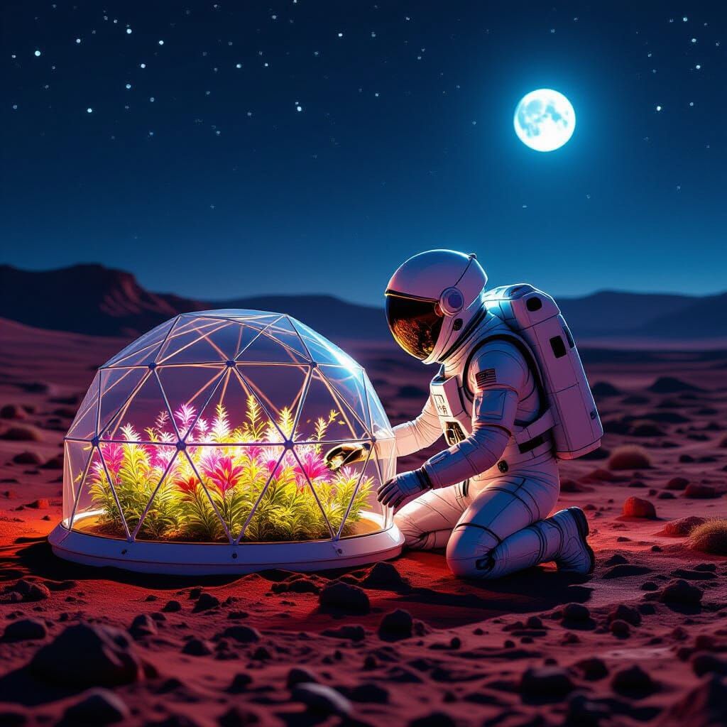 Astronaut Tending Bioluminescent Garden on Mars in Solarpunk...