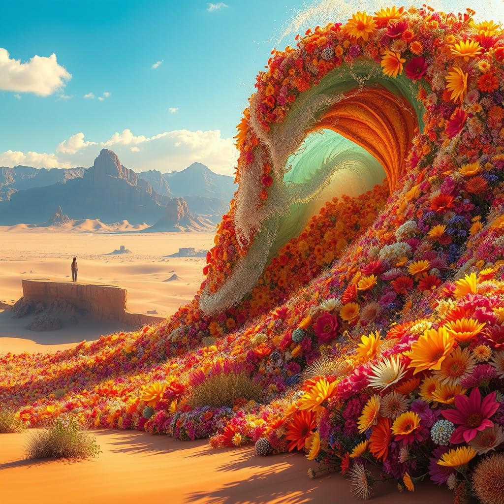 Epic Desert Bloom Tsunami in Hyper-Realistic Style