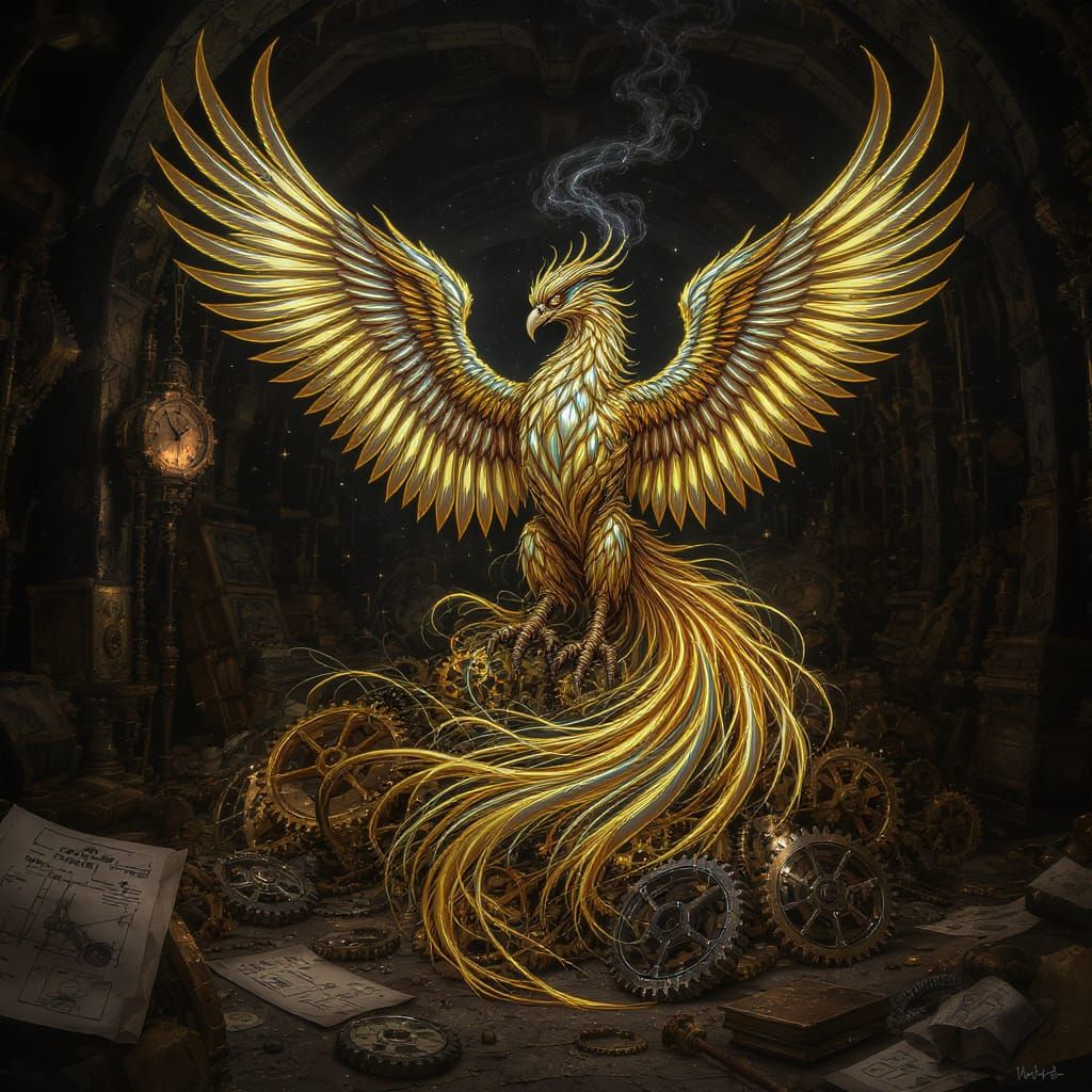 Majestic Phoenix Rises From Clockwork Gears in Art Nouveau S...