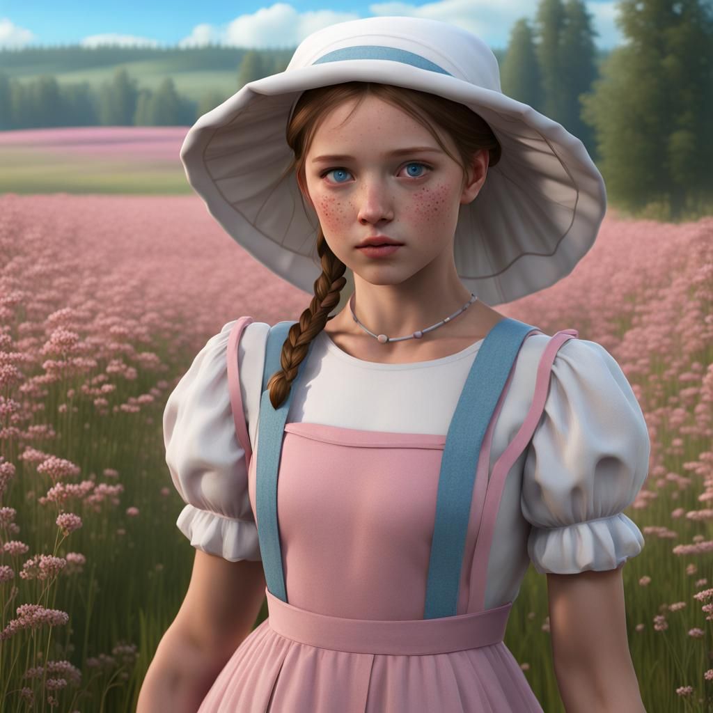 Amish Girl in Meadow: Detailed Matte Painting