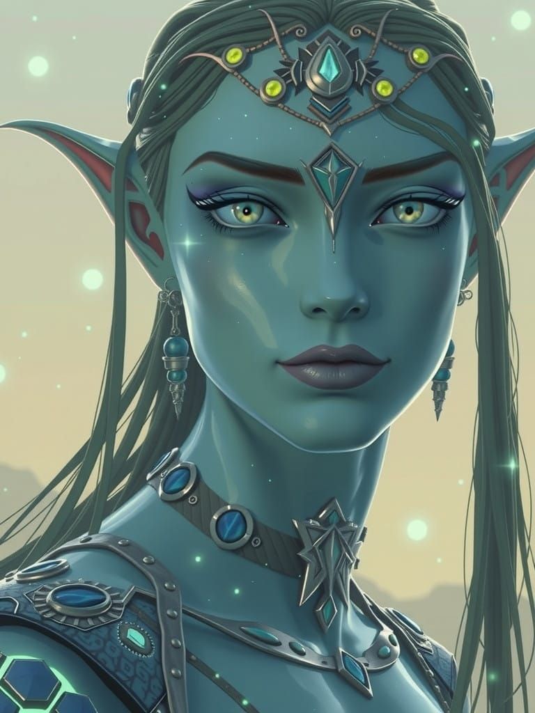 A Navi woman with iridescent, glimmering blue skin, adorned in intricately woven, organic attire crafted from natural fi...