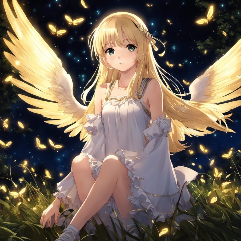Anime Angel Surrounded by Fireflies at Night