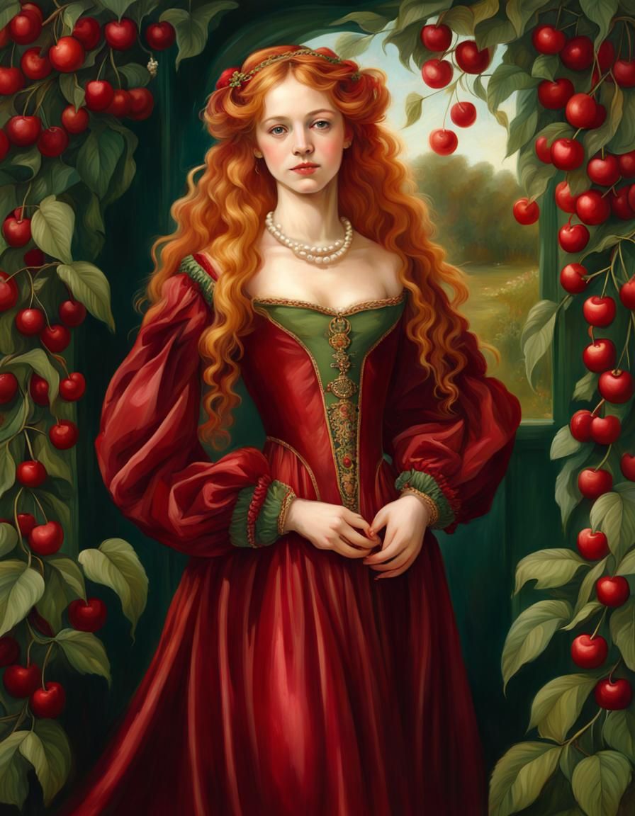 Renaissance Girl in Red Dress in Cherry Garden