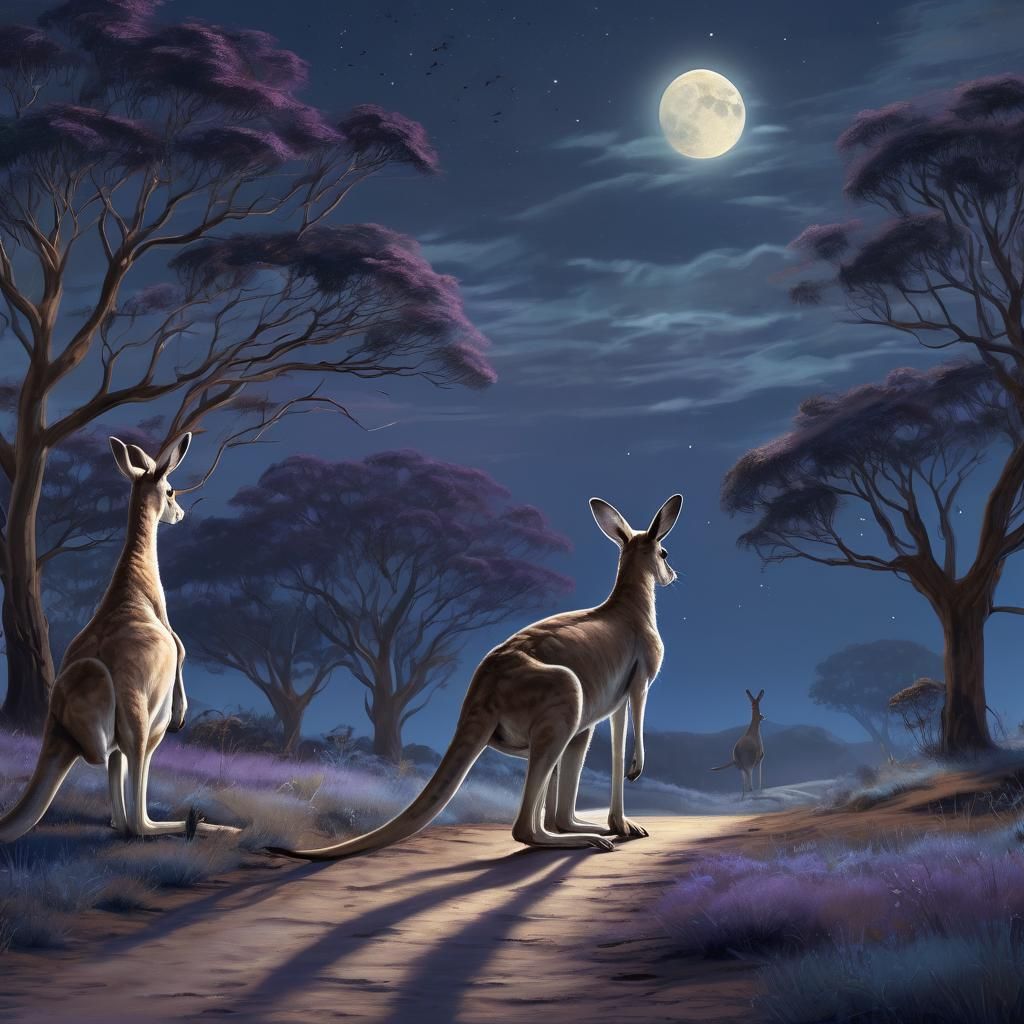 Kangaroo Family Under Moonlight: A Digital Painting