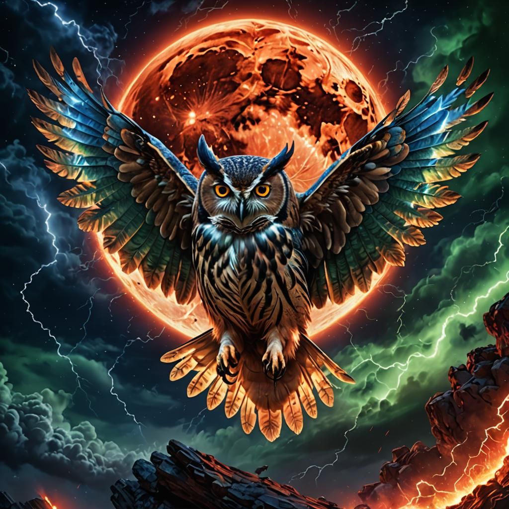 Fiery Owl Soaring Before a Red Moon