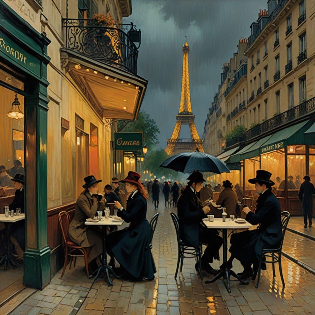 Elegant Women at a Parisian Cafe, Impressionist Night Scene